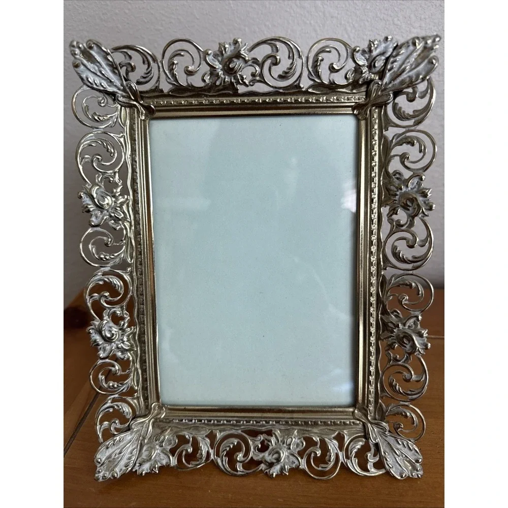 VTG Filigree Picture Photo Frame 5x7 Inch Brass Gold White Metal Ornate Standing